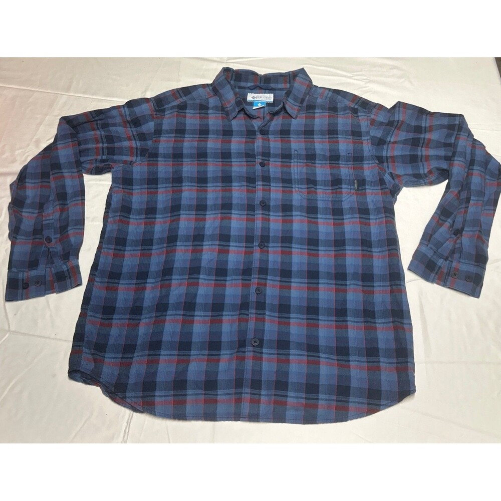 Columbia Men Blue Plaid Button-Down Shirt Long Sleeve Collar Pocket Logo Size L